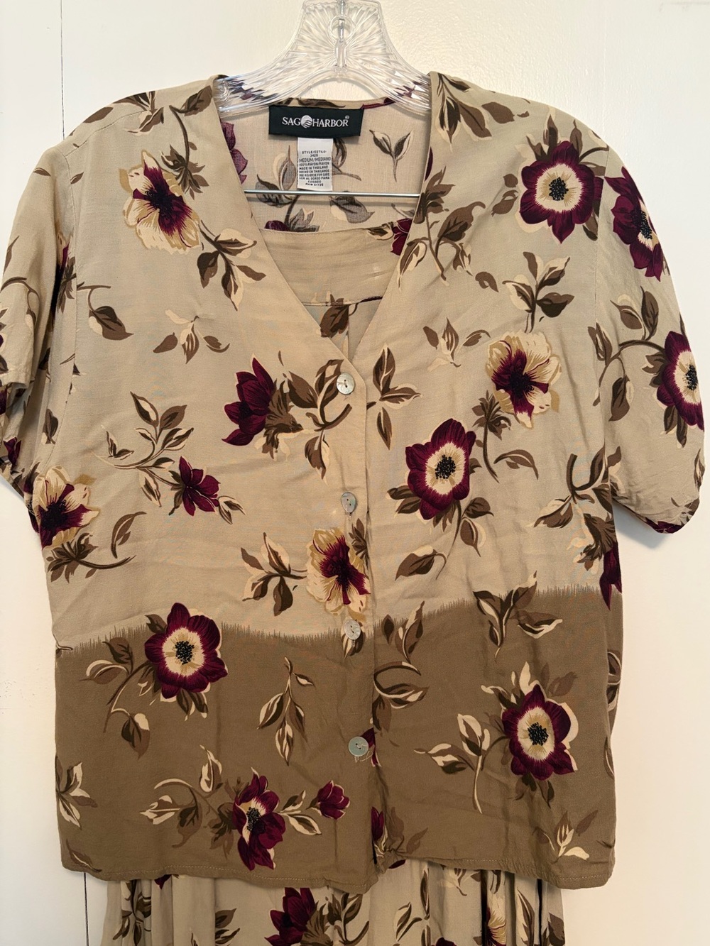 Sag Harbor Beige and Burgundy Floral Button-Front Set